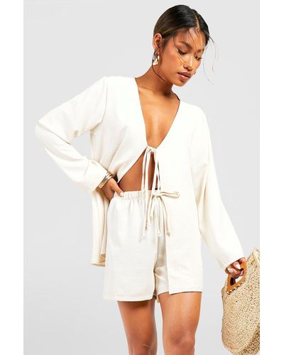 Boohoo Hammered Tie Front Blouse & Relaxed Fit Shorts - White