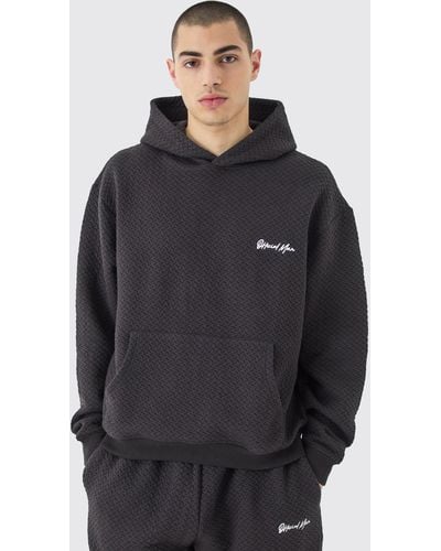 BoohooMAN Oversized Boxy Jacquard Quilted Embroided Hoodie - Grau