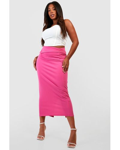 Boohoo Plus Crepe Fold Over Waist Midi Skirt - Pink