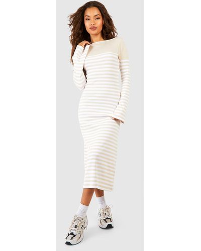 Boohoo Stripe Rib Slash Neck Flare Sleeve Midi Dress - White