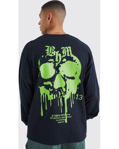 BoohooMAN Langärmliges Oversize T-Shirt mit Totenkopf-Print - Grün