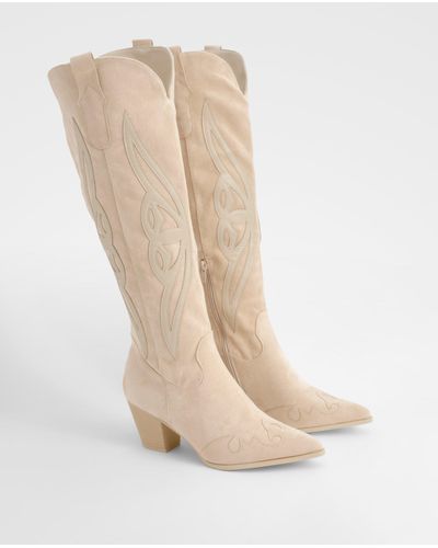 Boohoo Embroidered Panel Knee High Western Boots - White