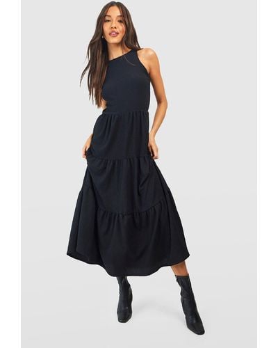 Boohoo Textured Tiered Cut Out Smock Dress - Blue