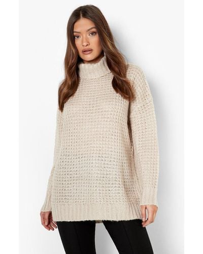 Boohoo Soft Knit Roll Neck Slouchy Sweater - Natural