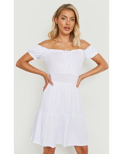 Boohoo Cotton Jersey Knit Off The Shoulder Ruffle Sundress - White