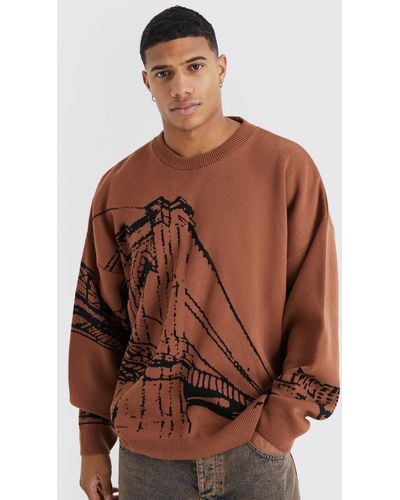 Boohoo Oversized Drop Shoulder Line Graphic Sweater - Brown