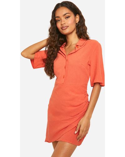 Boohoo Linen Wrap Shirt Dress - Orange