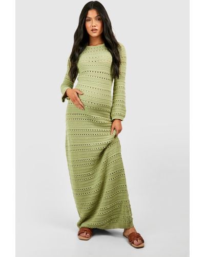 Boohoo Maternity Crochet Flare Sleeve Tie Back Knitted Maxi Dress - Green