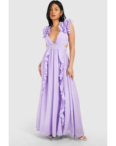 Boohoo Petite Ruffle Shoulder Occasion Maxi Dress - Purple