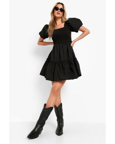 Boohoo Puff Sleeve Shirred Tiered Smock Dress - Black