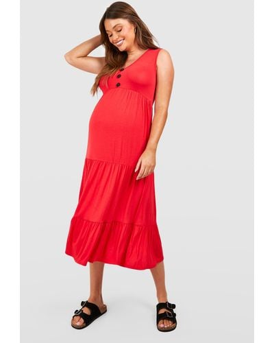 Boohoo Maternity Button Down Smock Midi Dress - Red