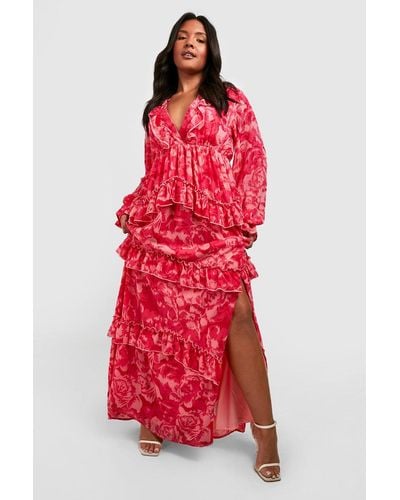 Boohoo Plus Floral Frill Plunge Ruffle Maxi Dress - Red