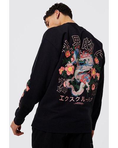 Boohoo Oversize Sweatshirt mit floralem Oversize Drachen-Print - Schwarz
