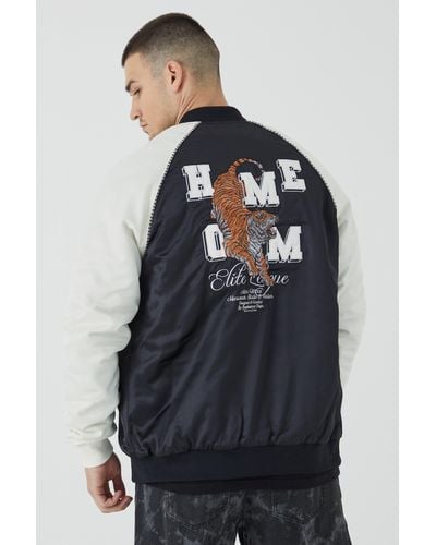 BoohooMAN Tall Satin Souvenir Bomber With Embroidery - Blue