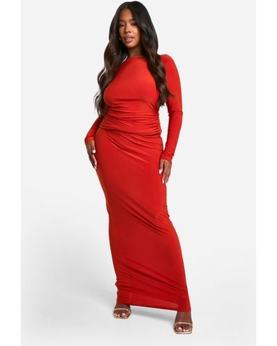 Boohoo Plus Double Layer Slinky Long Sleeve Scoop Back Bow Detail Top & Maxi Skirt Co-ord - Red
