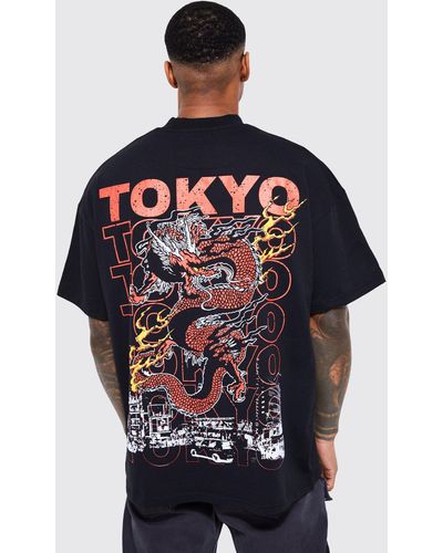 BoohooMAN Oversized Extended Neck Tokyo Dragon T-shirt - Gray