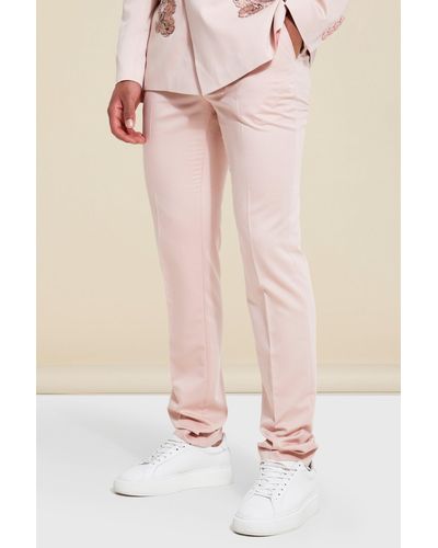 BoohooMAN Tall Slim-Fit Anzughose mit floraler Stickerei - Pink