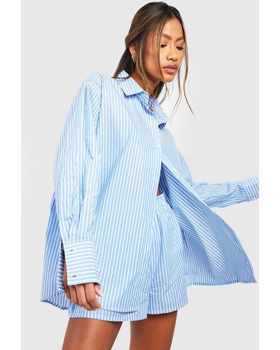 Boohoo Cotton Pinstripe Oversized Pajama Shirt - Blue