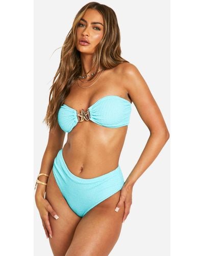 Boohoo Starfish Trim Crinkle Bandeau Bikini Set - Blue