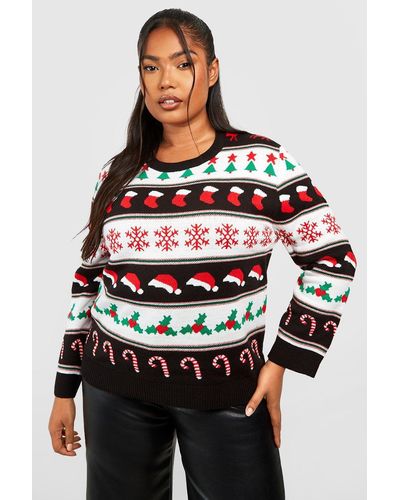 Boohoo Plus Oversized Mixed Christmas Sweater - Red