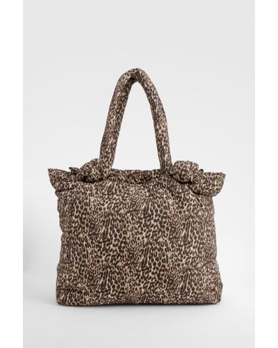 Boohoo Nylon Leopard Knot Handle Tote Bag - Brown