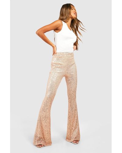 Boohoo Knitted Sequin Flared Pants - Natural