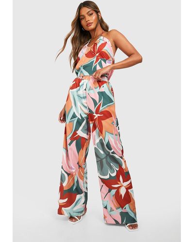 Boohoo Tropical Print Ruched Halter & Wide Leg Pants - Red