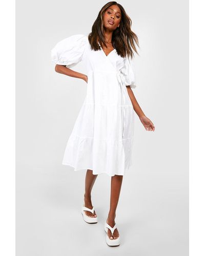 Boohoo Linen Puff Sleeve Wrap Midi Dress - White