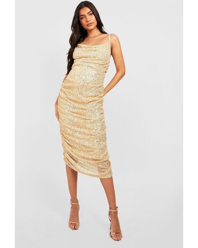 Boohoo Maternity Sequin Cowl Neck Ruched Midi Dress - Natural