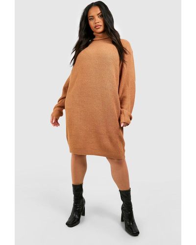 Boohoo Plus Roll Neck Sweater Dress - Natural