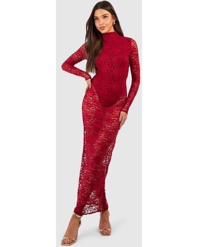 Boohoo Lace High Neck Backless Maxi Dress - Red