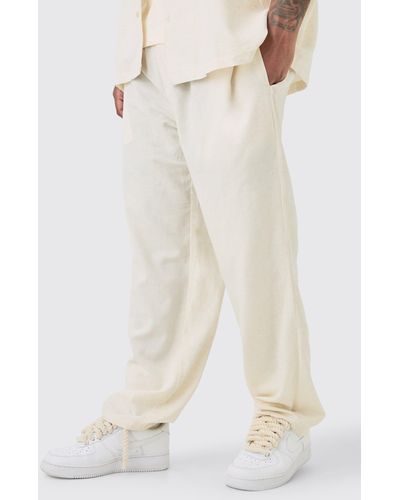 BoohooMAN Plus Elasticated Waist Relaxed Linen Trouser In Natural - Weiß