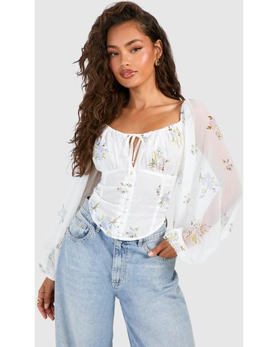 Boohoo Floral Puff Long Sleeve Crop Top - White