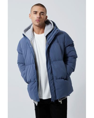 BoohooMAN Concealed Placket Hooded Puffer - Blue