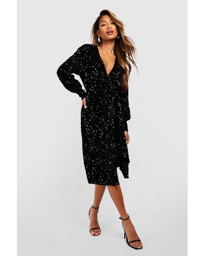 Boohoo Sequin Wrap Belted Midi Party Dress - Black