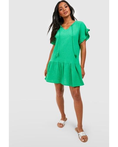 Boohoo Crinkle Textured Angel Sleeve Smock Dress - Green