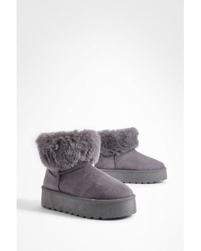 Boohoo Wide Fit Platform Fur Trim Mini Cozy Boots - Gray
