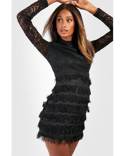 Boohoo Lace Fringe High Neck Mini Dress - Black