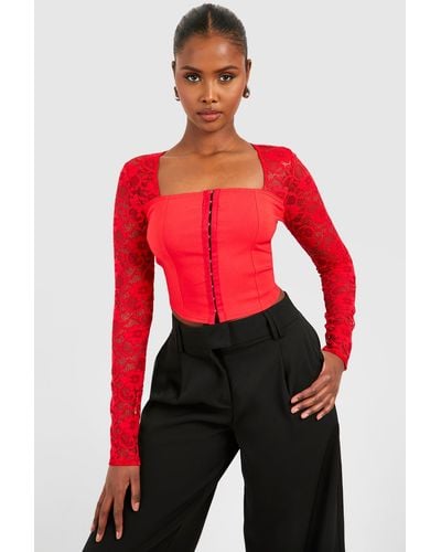 Boohoo Lace Hook And Eye Corset - Red