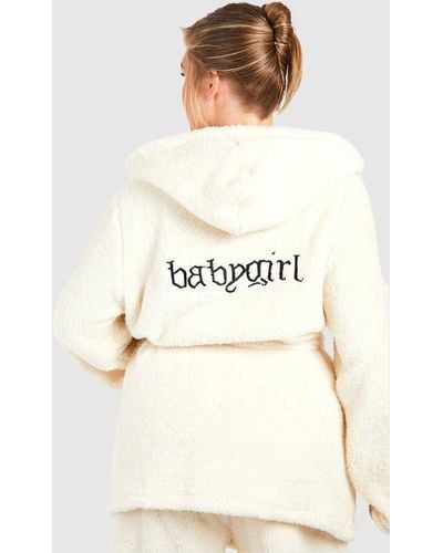 Boohoo Plus Baby Girl Slogan Fleece Short Bathrobe/robe - Natural