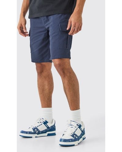 BoohooMAN Elastic Waist Navy Relaxed Fit Cargo Shorts - Blue