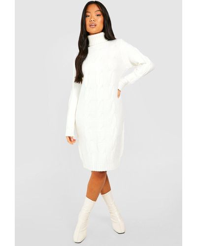 Boohoo Petite Turtleneck Cable Knit Sweater Dress - White