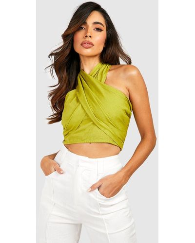 Boohoo Top Crop De Lino Con Escote Halter Y Atadura En La Espalda - Amarillo