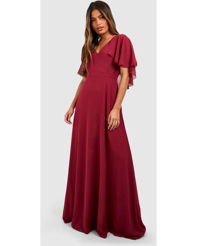 Boohoo Chiffon Cape Sleeve Maxi Bridesmaid Dress - Red