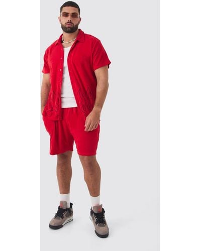 Boohoo Plus Flame Embroidered Towelling Shirt & Short Set Red