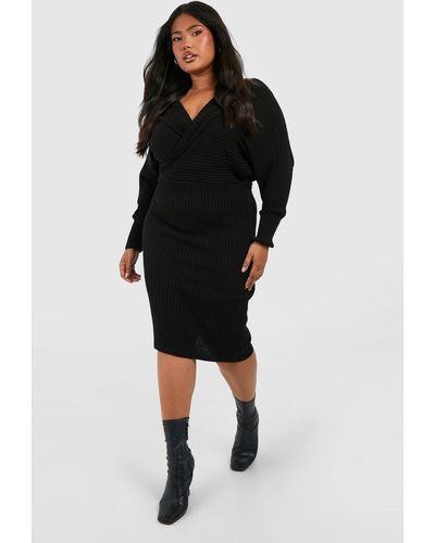 Boohoo Plus Wrap Knitted Midi Dress - Black