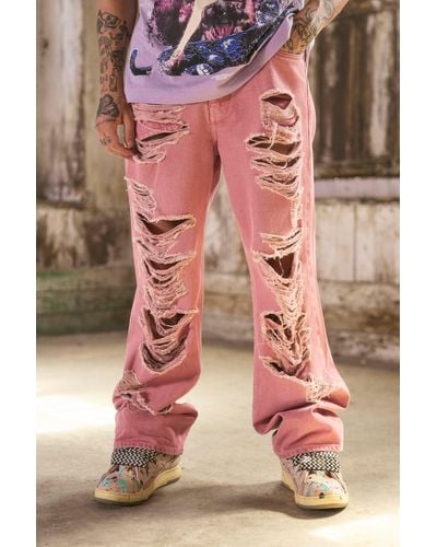 BoohooMAN Baggy Rigid All Over Ripped Overdyed Jeans - Pink
