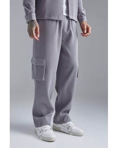 BoohooMAN Elasticated Waist Relaxed Fit Cargo Pleated Trouser - Gray
