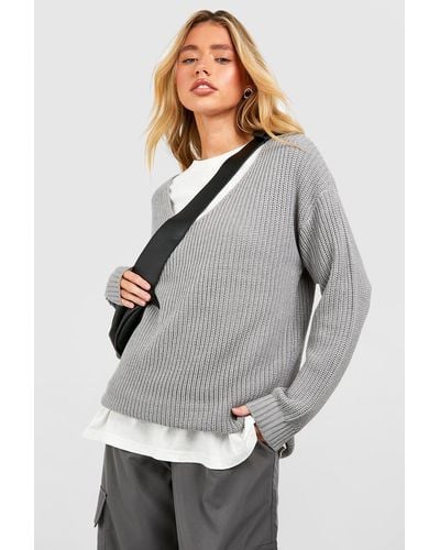 Boohoo Oversized V Neck Sweater - Grey
