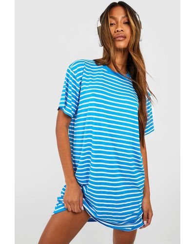 Boohoo Oversized Stripe T-shirt Dress - Blue